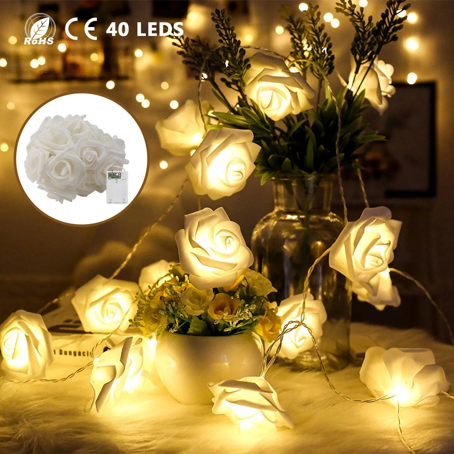 2-Pack: 40 LEDs Rose Flower String Lights