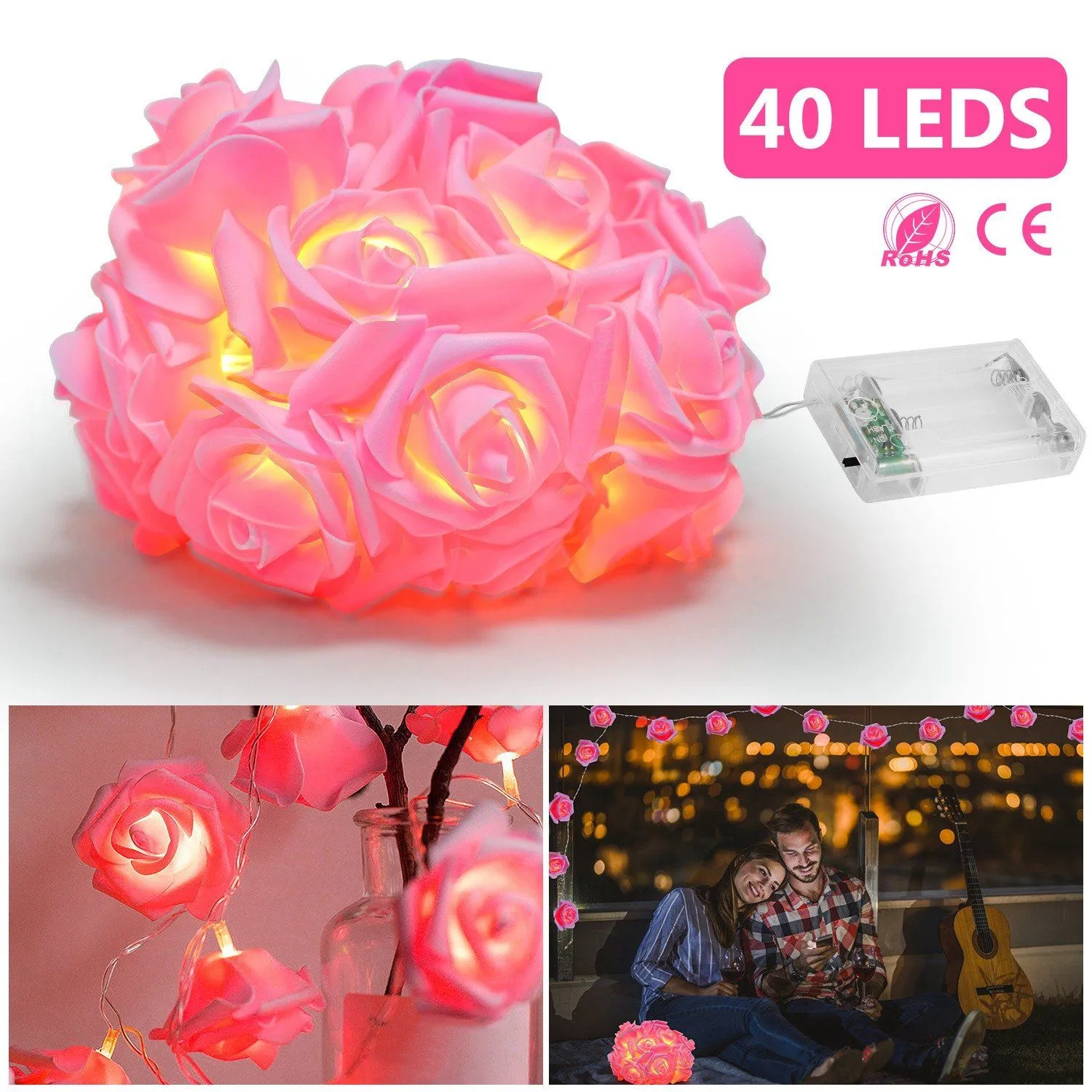 2-Pack: 40 LEDs Rose Flower String Lights