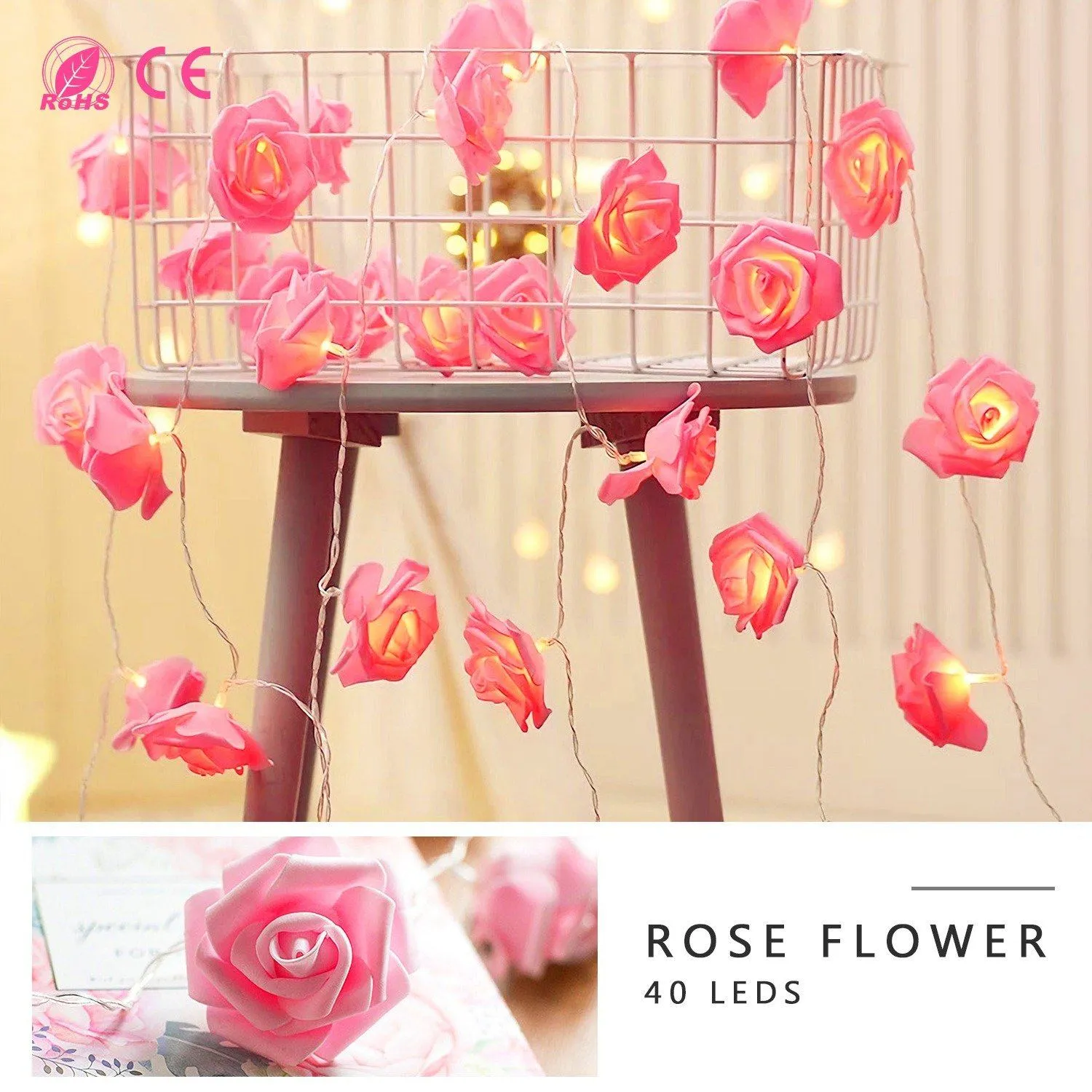 2-Pack: 40 LEDs Rose Flower String Lights