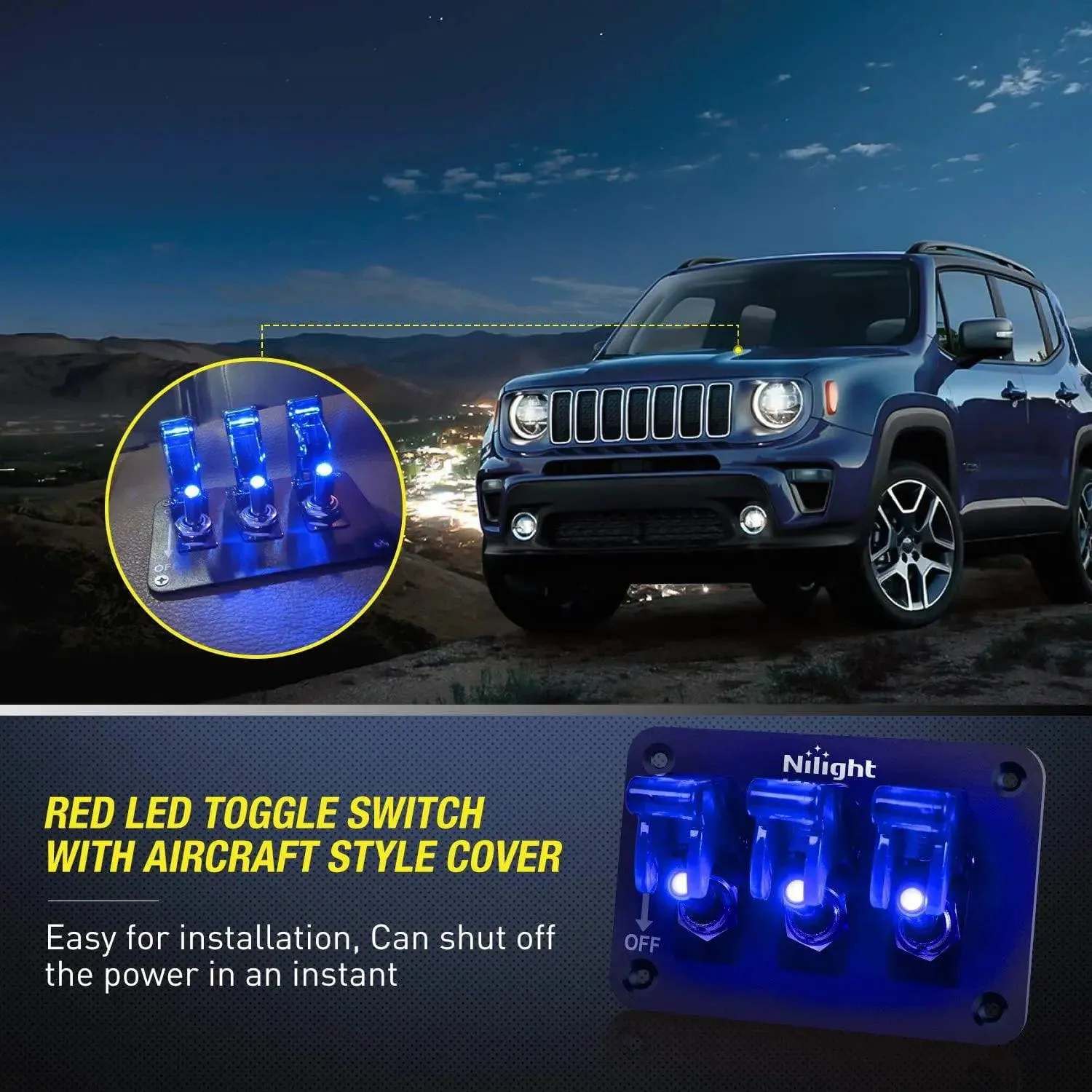 3Gang 3Pin SPST ON/Off Blue Rocker Switch Panel w/ LED Light Flip Cover
