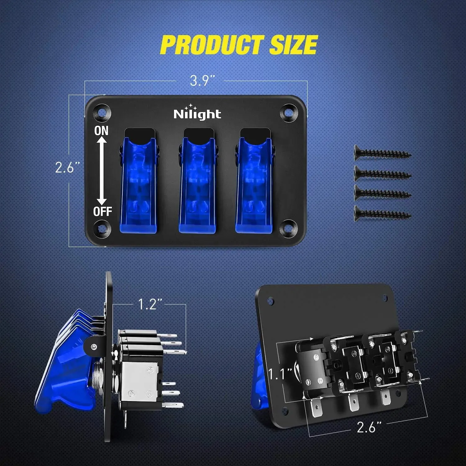 3Gang 3Pin SPST ON/Off Blue Rocker Switch Panel w/ LED Light Flip Cover