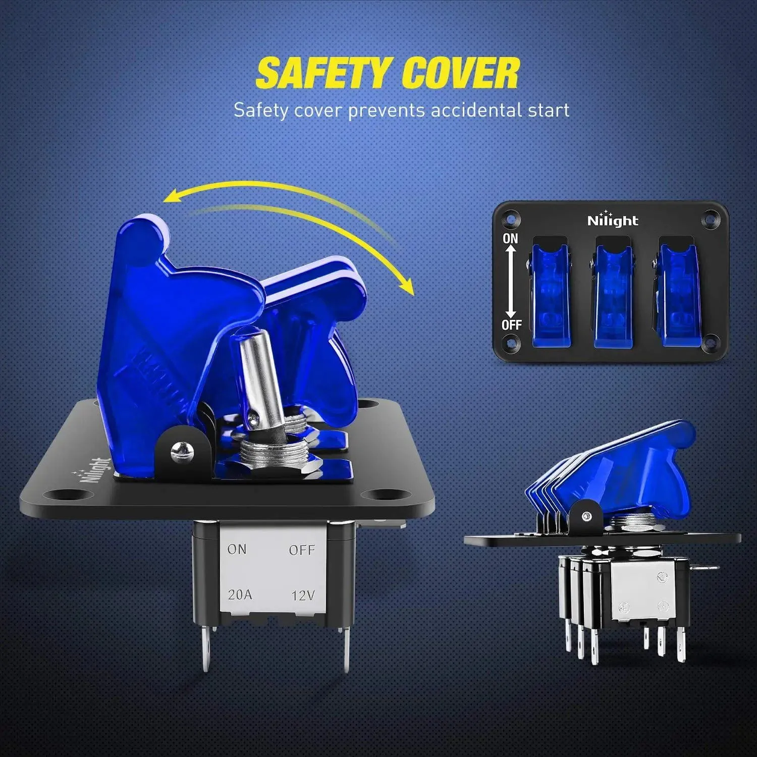 3Gang 3Pin SPST ON/Off Blue Rocker Switch Panel w/ LED Light Flip Cover