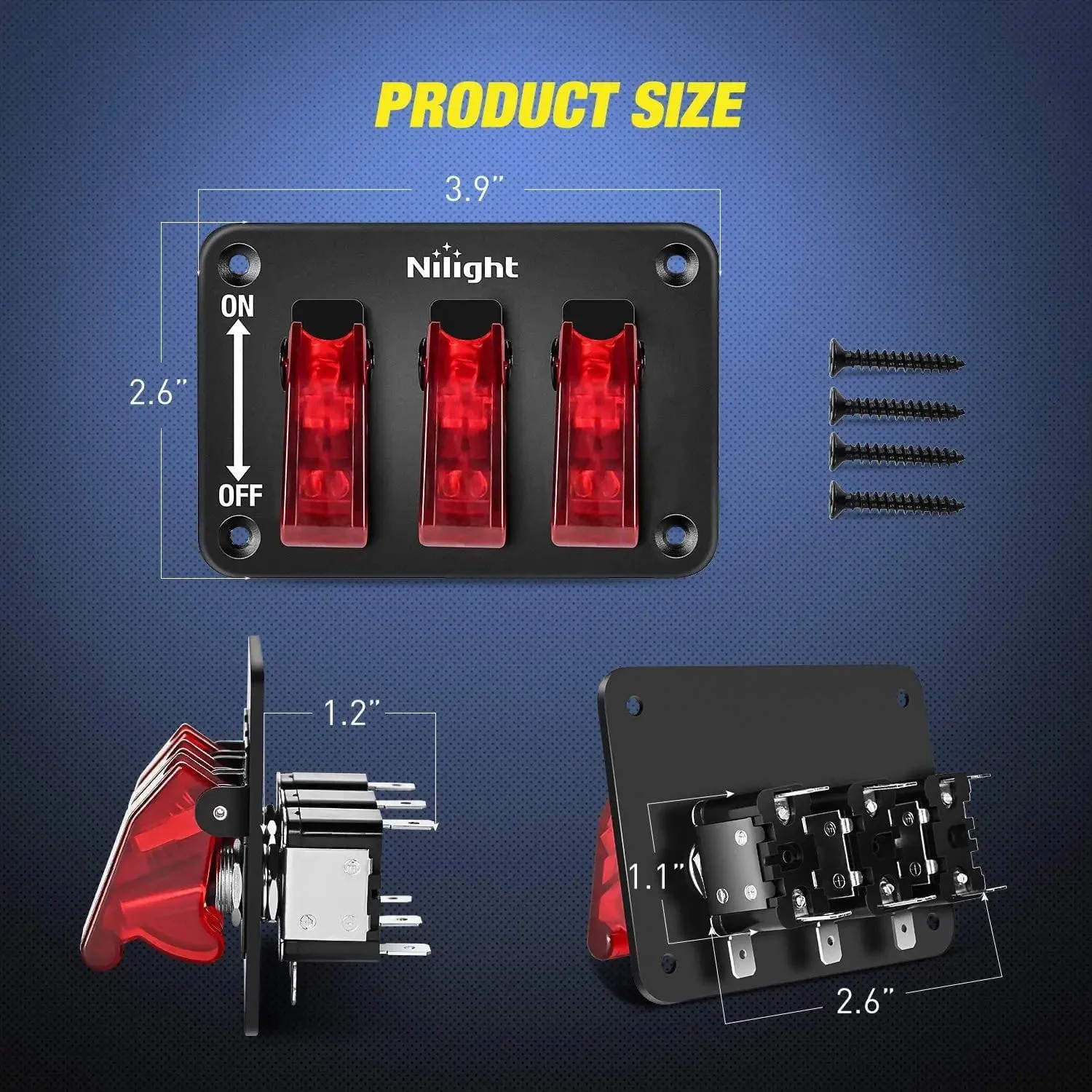 3Gang 3Pin SPST ON/Off Red Rocker Switch Panel w/ LED Light Flip Cover