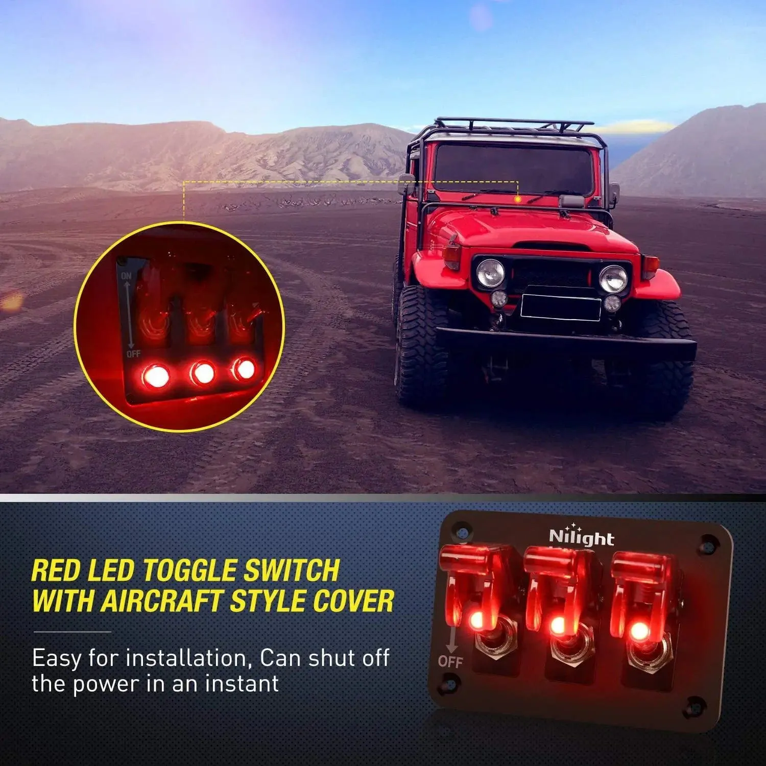 3Gang 3Pin SPST ON/Off Red Rocker Switch Panel w/ LED Light Flip Cover