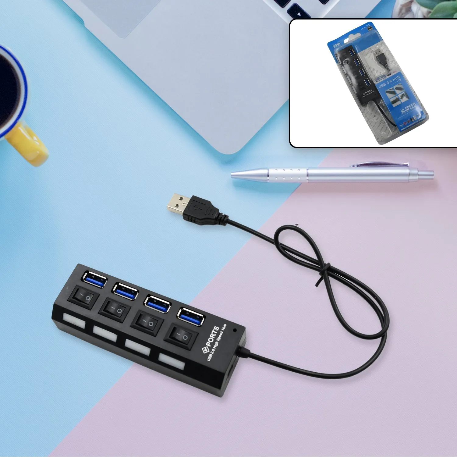 4-Port USB Hub with Switch - High Speed Adapter