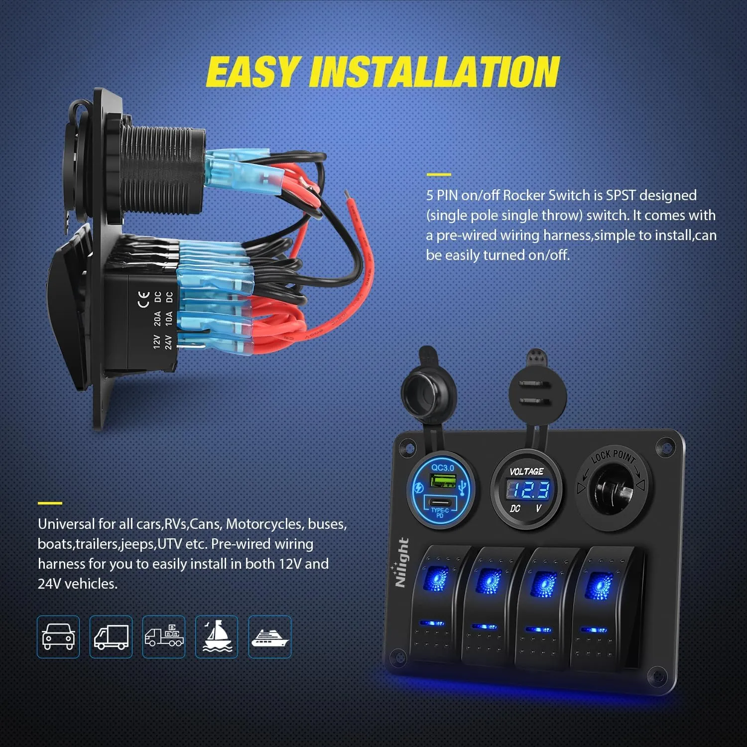 4Gang ON/Off Blue Rocker Switch Panel w/ PD Type C & USB Charger Power Socket Fuse