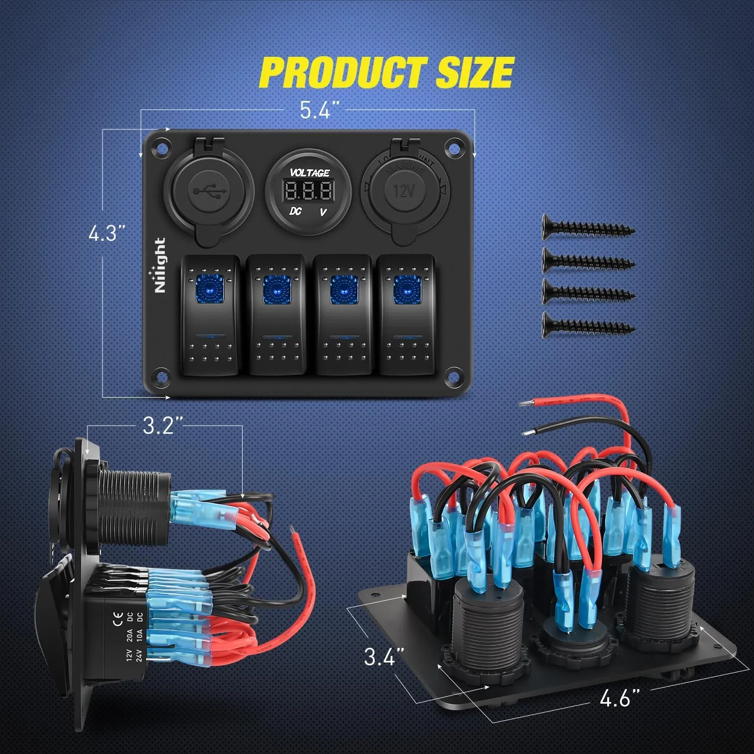 4Gang ON/Off Blue Rocker Switch Panel w/ PD Type C & USB Charger Power Socket Fuse
