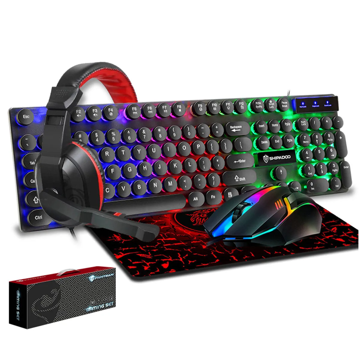 4Pcs Gaming Devices Set 104 Keys LED Backlit Waterproof Gaming Keyboard Ergonomic Mouse 3.5mm Wired Headset Anti-slip Mouse Pad Combo