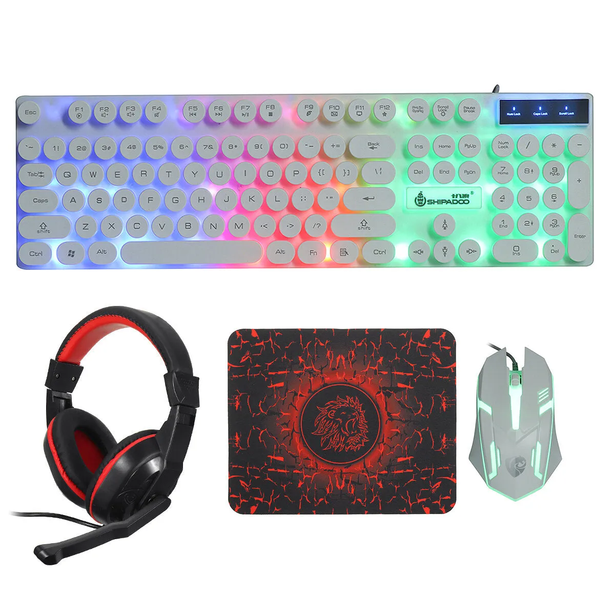 4Pcs Gaming Devices Set 104 Keys LED Backlit Waterproof Gaming Keyboard Ergonomic Mouse 3.5mm Wired Headset Anti-slip Mouse Pad Combo