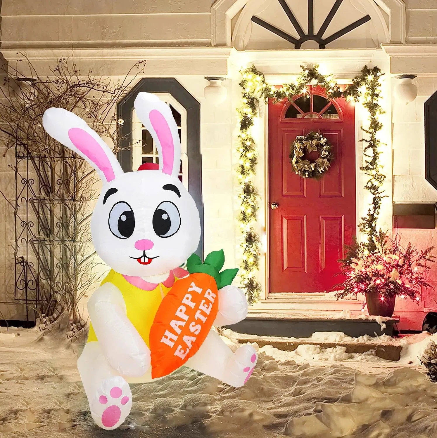 5 Feet White Bunny with Carrot Inflatable Easter Bunny Blowup Outdoor Toys with Build-in LEDs Yard Lawn Garden Decorations