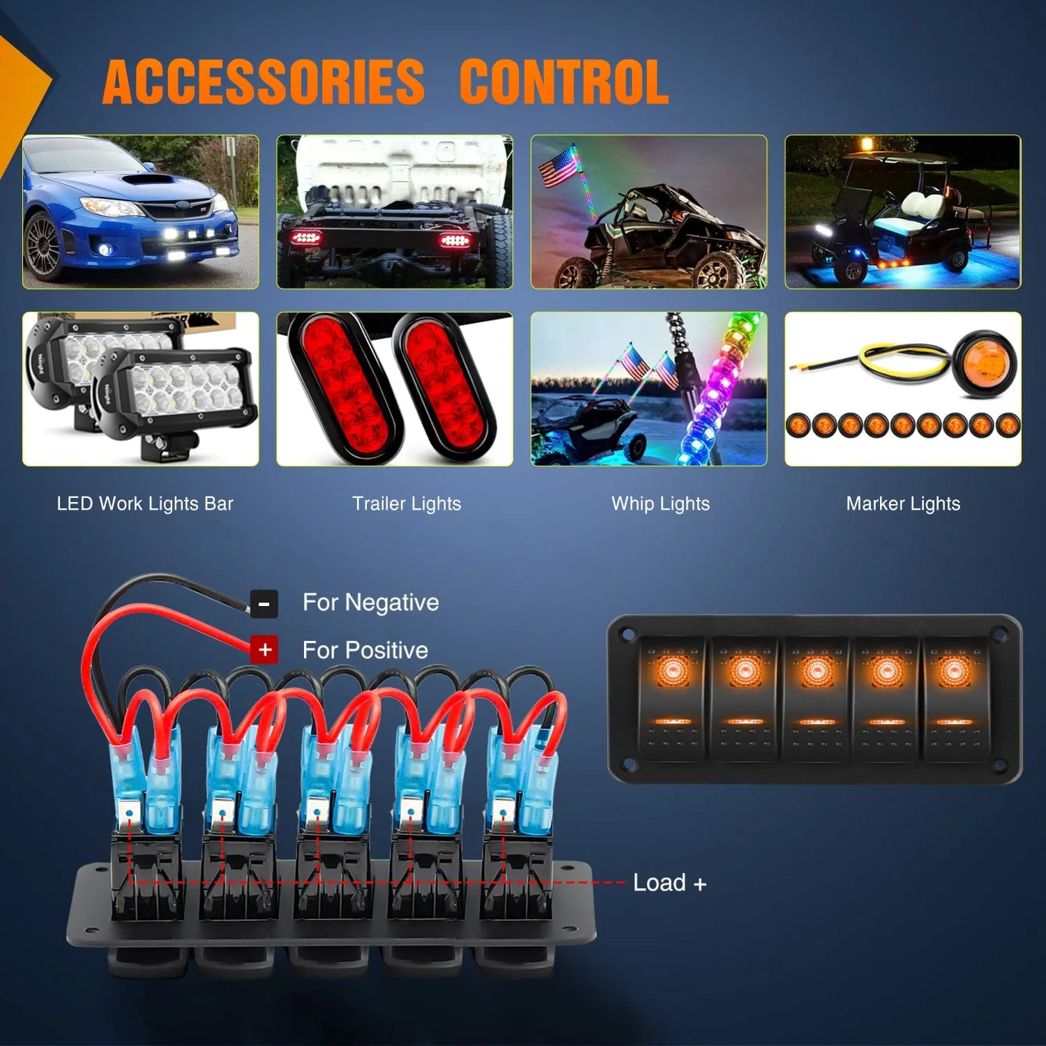 5Gang Aluminum 5Pin ON/Off Rocker Switch Panel Orange