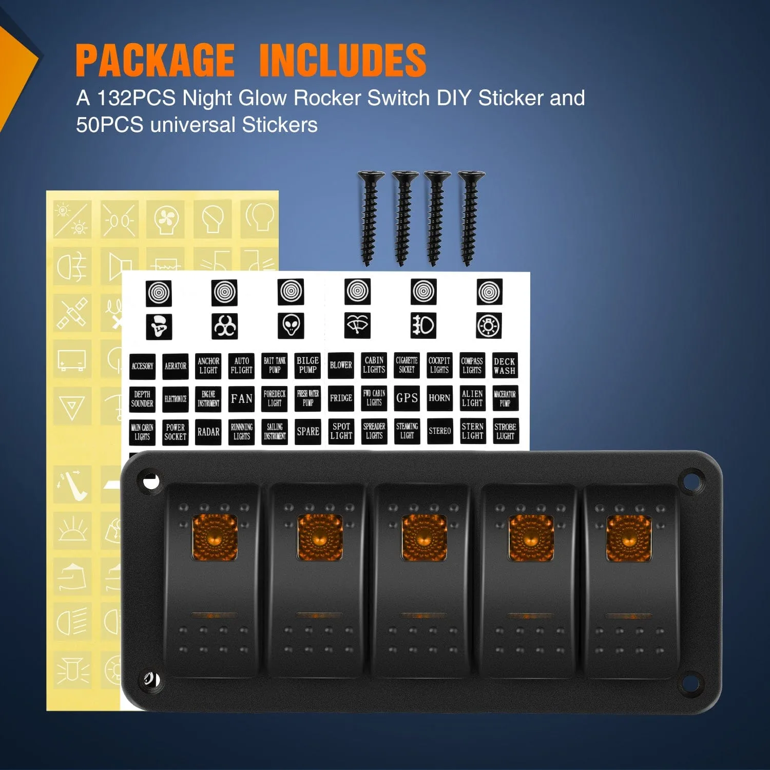 5Gang Aluminum 5Pin ON/Off Rocker Switch Panel Orange