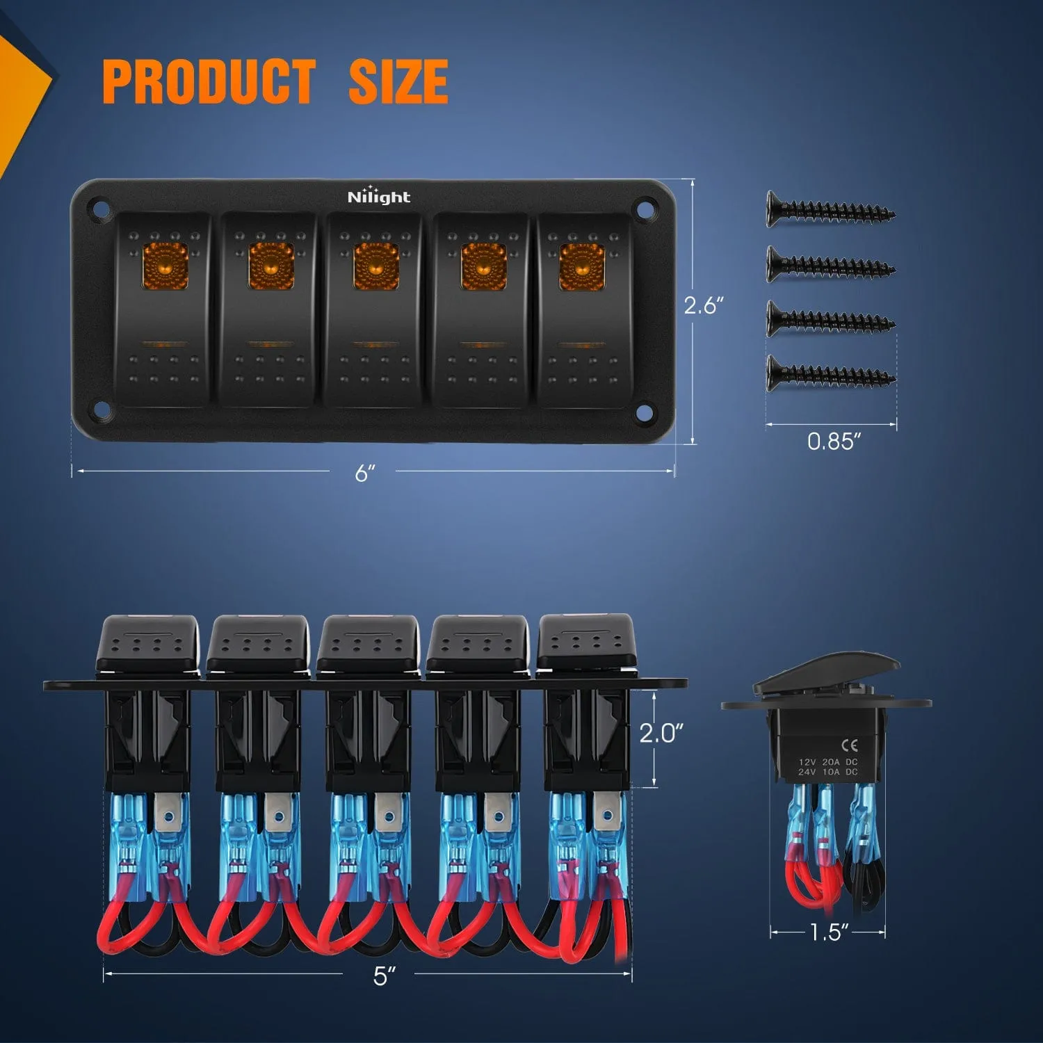 5Gang Aluminum 5Pin ON/Off Rocker Switch Panel Orange