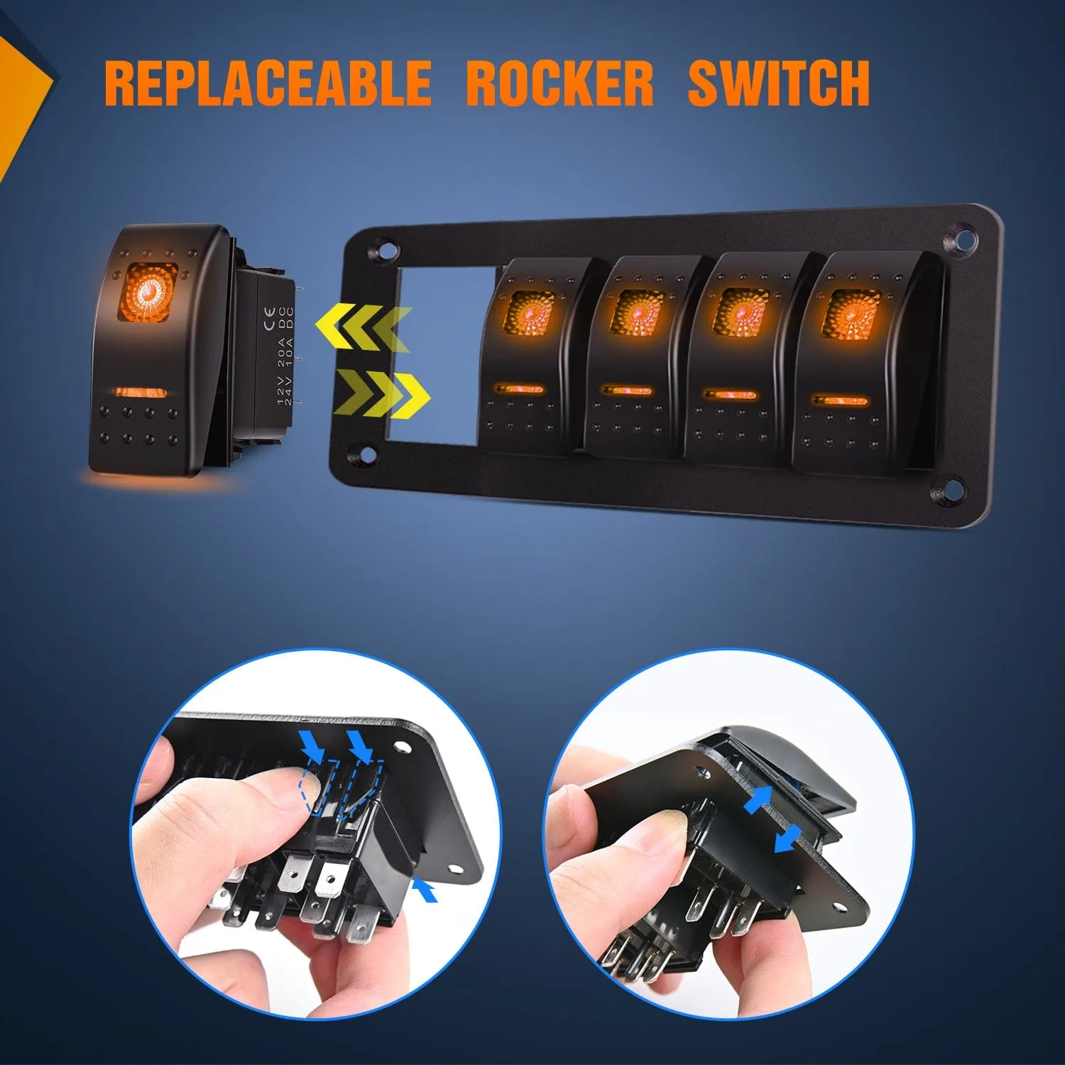 5Gang Aluminum 5Pin ON/Off Rocker Switch Panel Orange