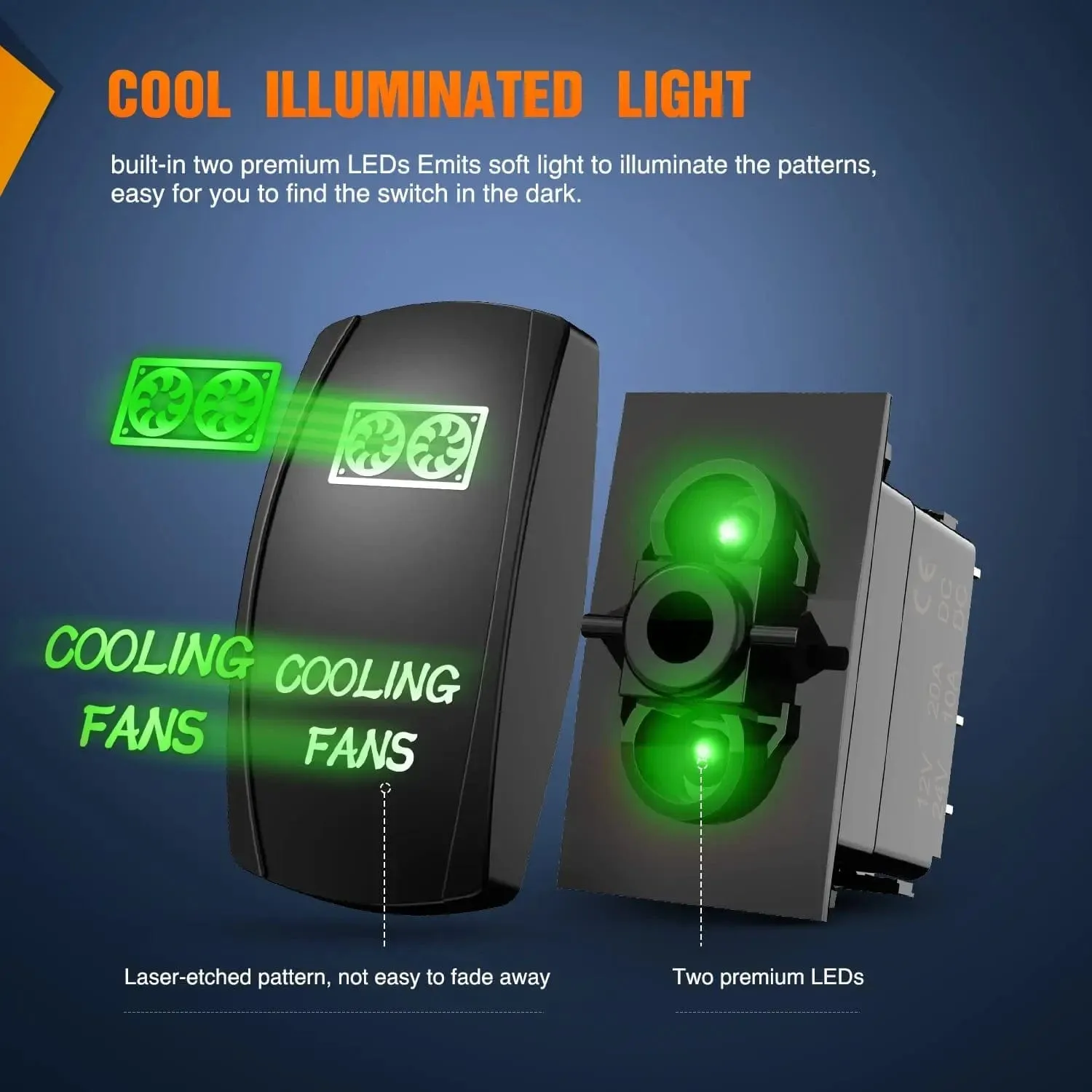 5Pin Laser On/Off Cooling Fans Rocker Switch Green