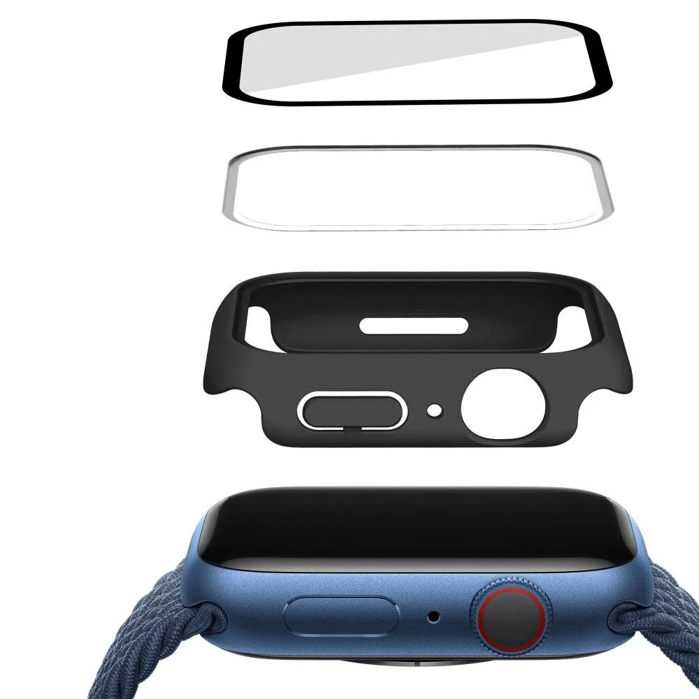 Apple Watch (41mm) rubberized hard cover with tempered glass screen protector - Black