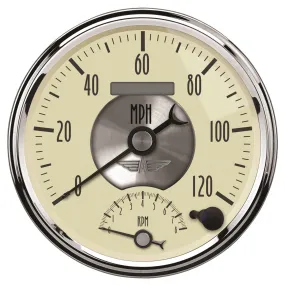 AutoMeter 2090 GAUGE; TACH/SPEEDO; 5in.; 120MPH/8K RPM; ELEC. PROGRAM.; PRESTIGE ANTQ. IVORY