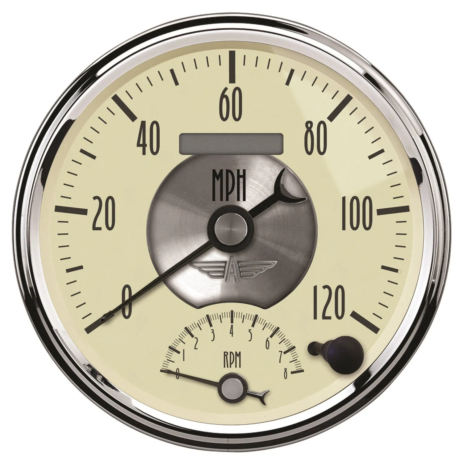 AutoMeter 2090 GAUGE; TACH/SPEEDO; 5in.; 120MPH/8K RPM; ELEC. PROGRAM.; PRESTIGE ANTQ. IVORY