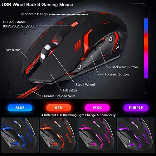 BlueFinger RGB Gaming Keyboard and Backlit Mouse Combo, USB Wired, LED Gaming Set for Laptop PC Computer Game and Work