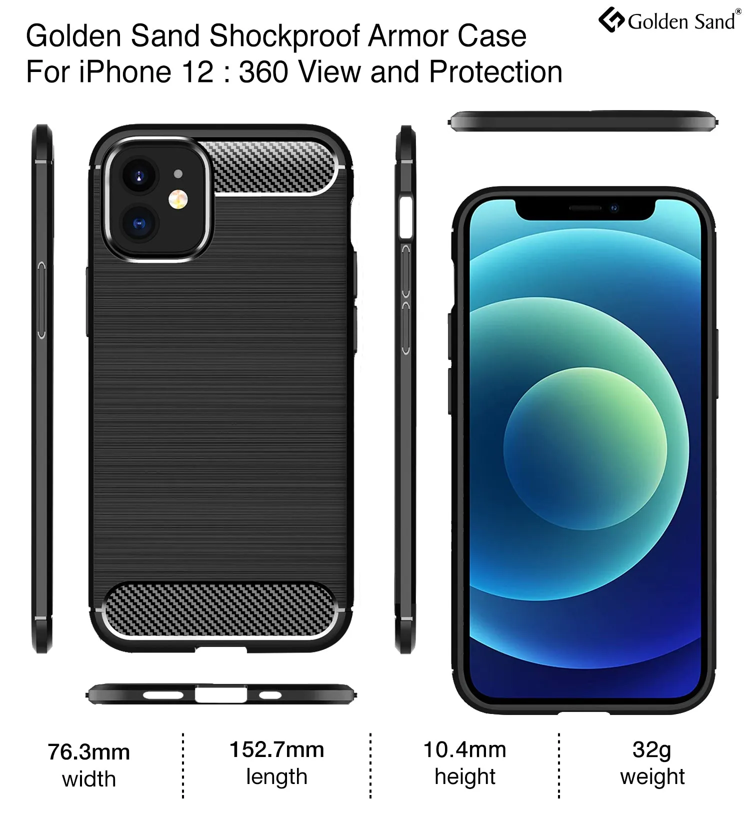 Carbon Fibre Series Shockproof Armor Back Cover for Apple iPhone 12, Black