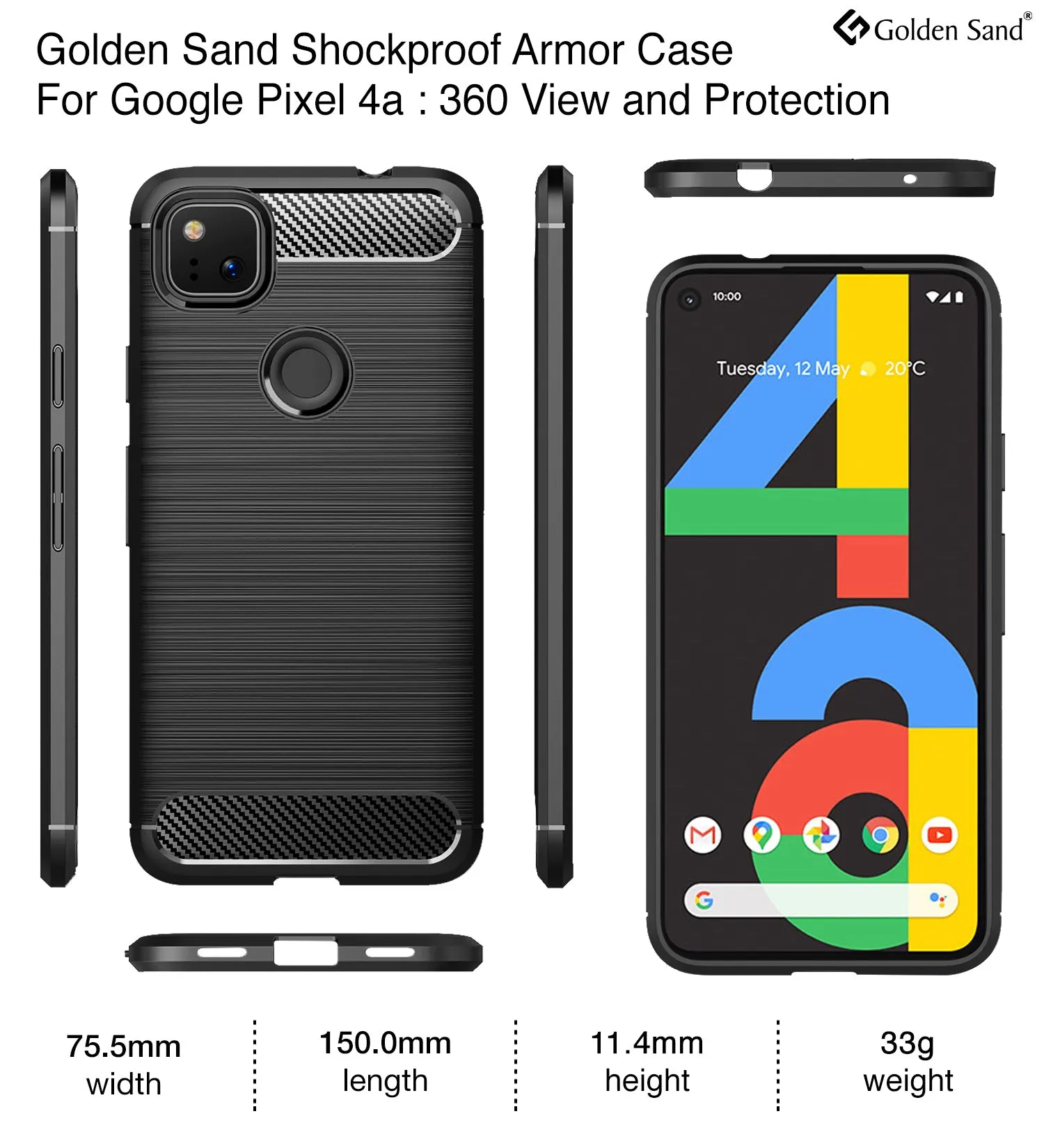 Carbon Fibre Series Shockproof Armor Back Cover for Google Pixel 4a, Black