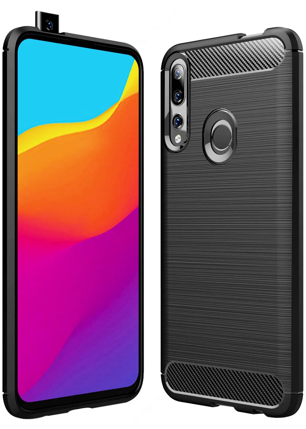 Carbon Fibre Series Shockproof Armor Back Cover for Honor 9X, Huawei Y9 Prime 2019 6.5 inch, Black