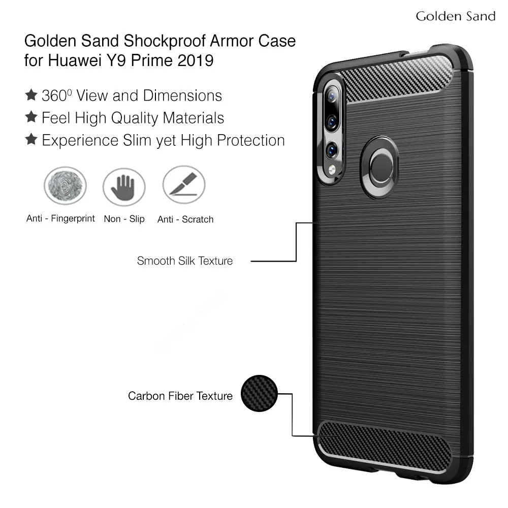 Carbon Fibre Series Shockproof Armor Back Cover for Honor 9X, Huawei Y9 Prime 2019 6.5 inch, Black