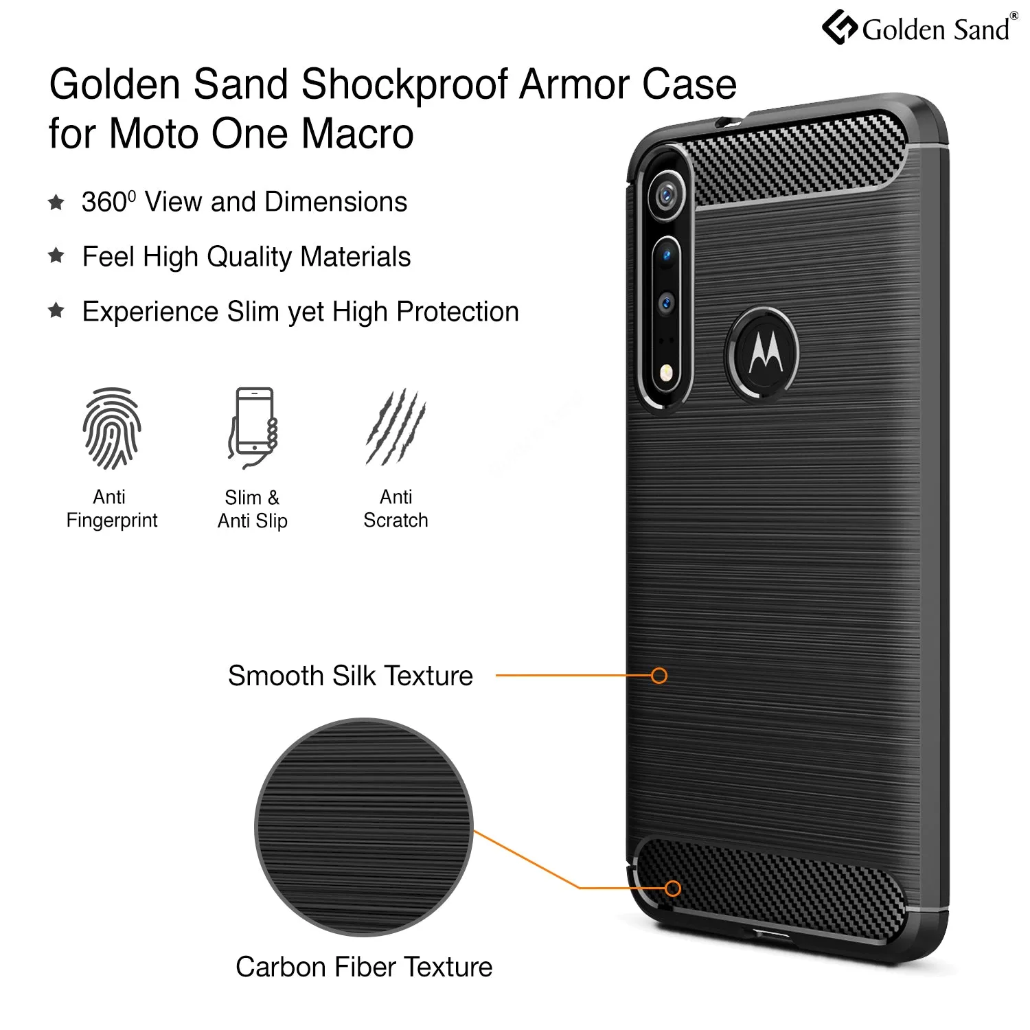 Carbon Fibre Series Shockproof Armor Back Cover for Moto One Macro 6.2 inch, Black