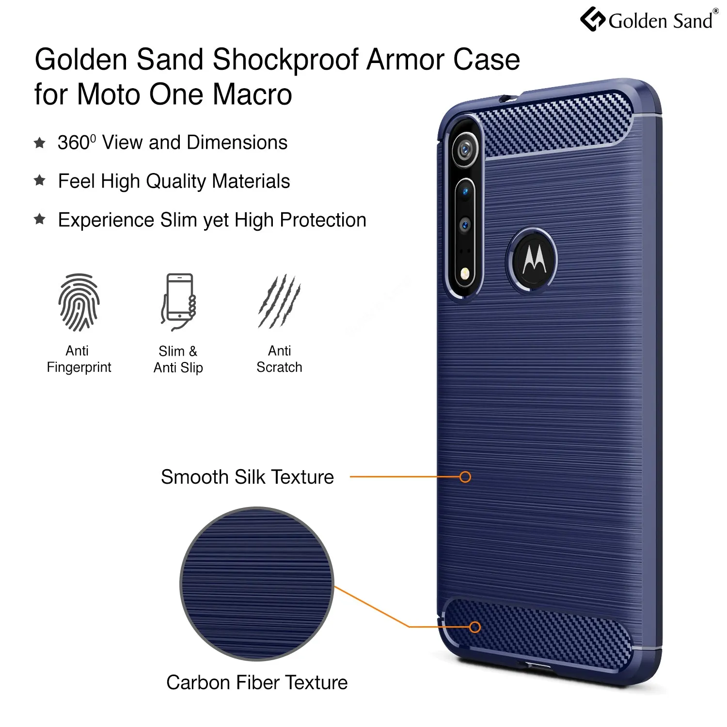Carbon Fibre Series Shockproof Armor Back Cover for Moto One Macro 6.2 inch, Blue