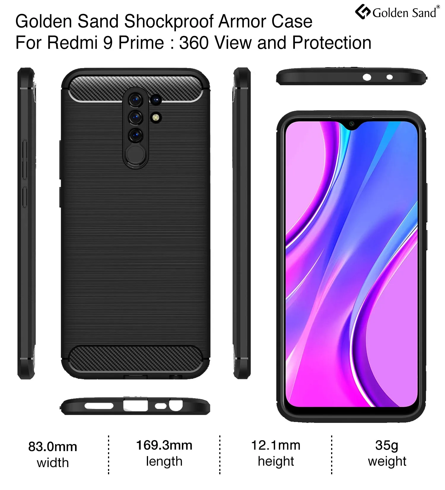 Carbon Fibre Series Shockproof Armor Back Cover for Poco M2 Reloaded, Redmi 9 Prime, Poco M2, 6.53 inch, Black