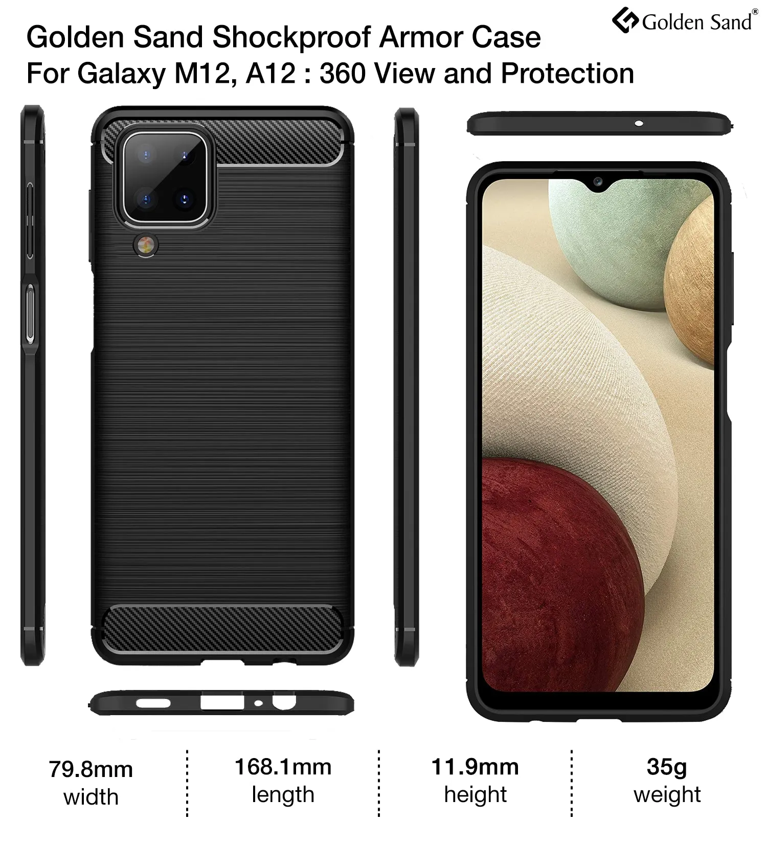 Carbon Fibre Series Shockproof Armor Back Cover for Samsung Galaxy A12, Samsung Galaxy M12, Samsung Galaxy F12, 6.5 inch, Black