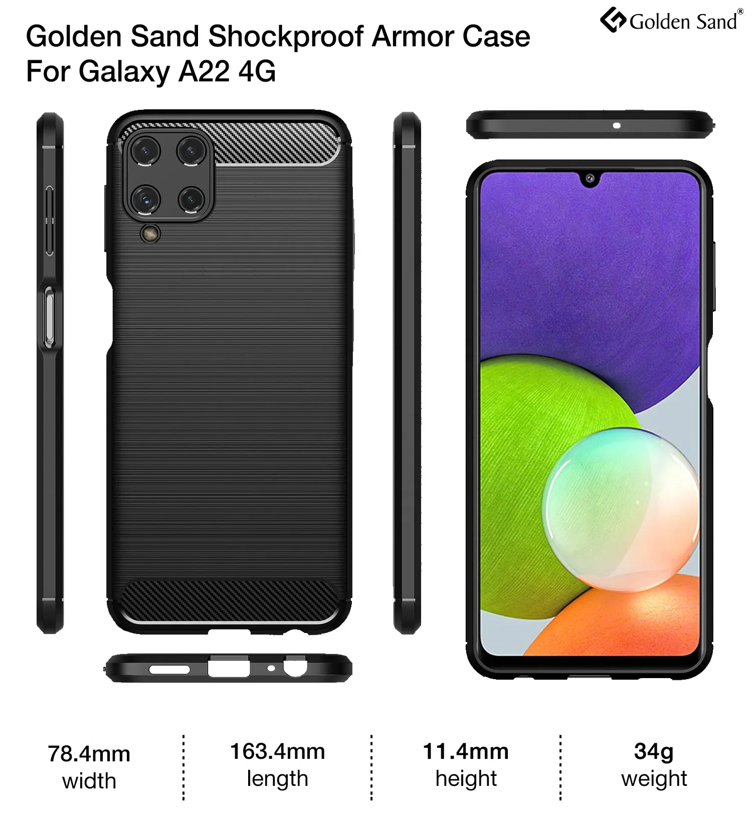 Carbon Fibre Series Shockproof Armor Back Cover for Samsung Galaxy A22, 6.4 inch, Black