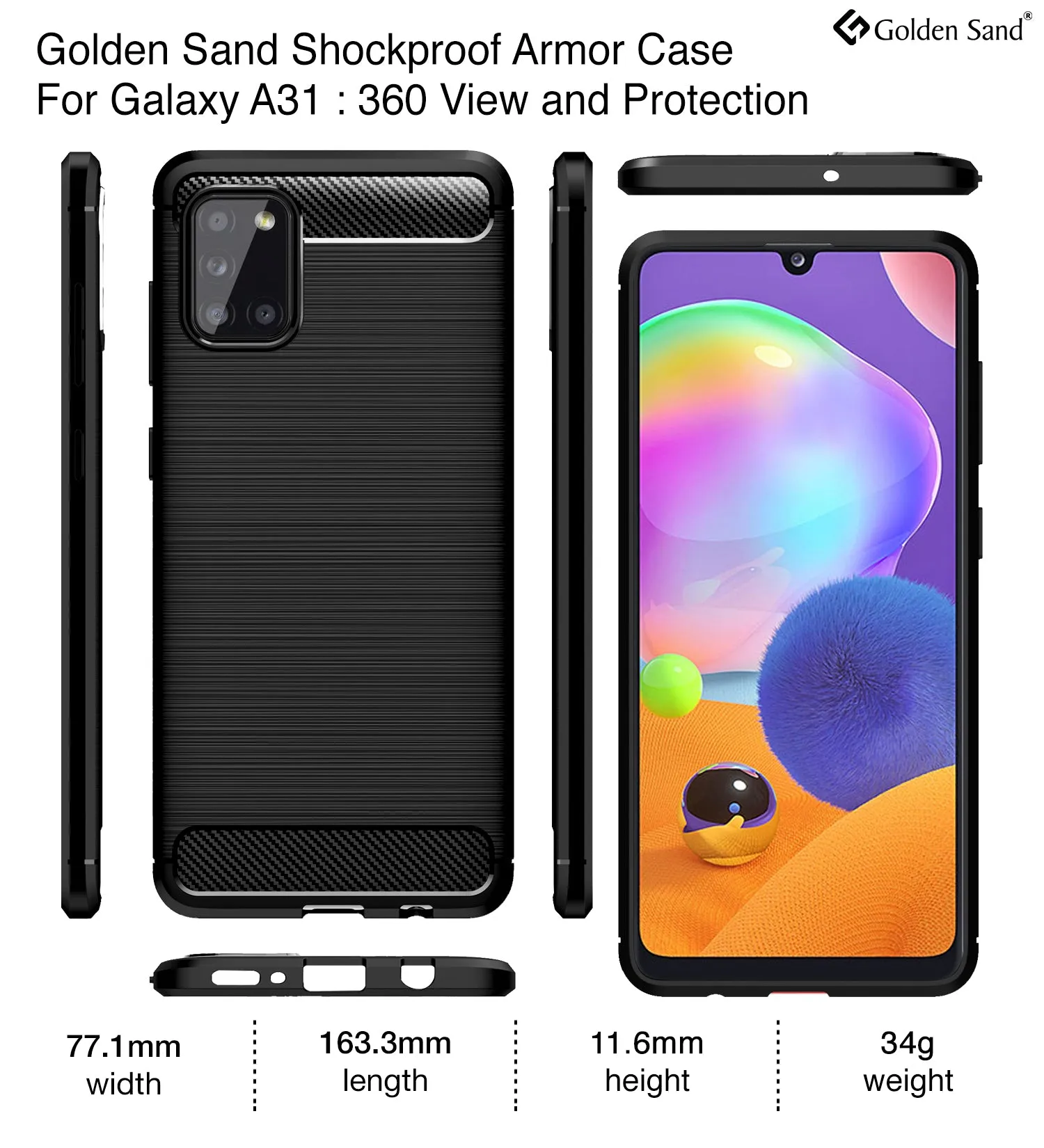 Carbon Fibre Series Shockproof Armor Back Cover for Samsung Galaxy A31 6.4 inch, Black