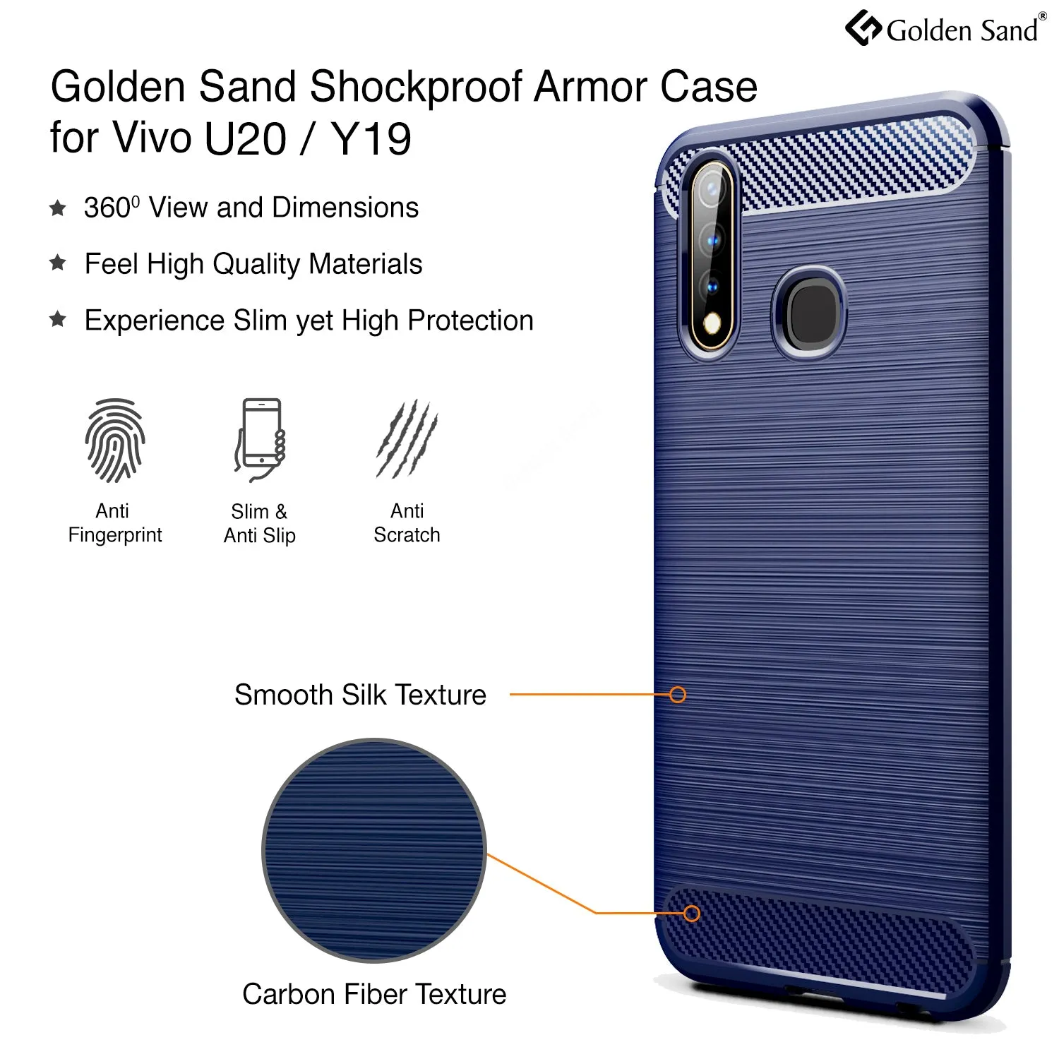 Carbon Fibre Series Shockproof Armor Back Cover for Vivo U20, Vivo Y19 6.53 inch, Blue