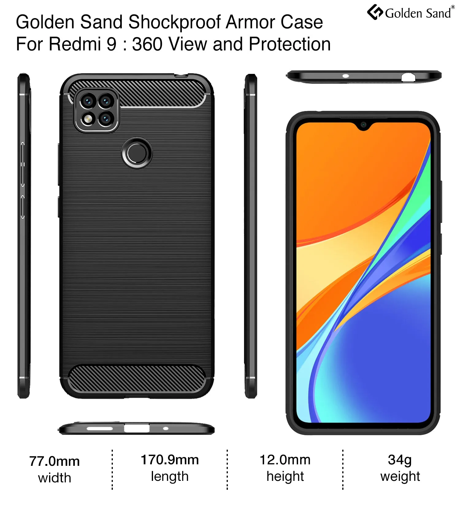 Carbon Fibre Series Shockproof Armor Back Cover for Xiaomi Redmi 9, 6.53 inch, Black