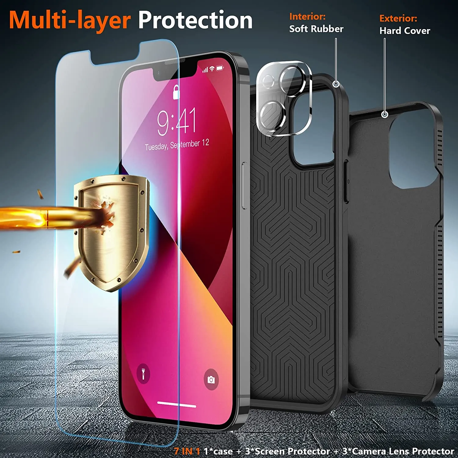 iPhone 14 Max Case Glass Screen Protector Full-Body Shockproof Case Black
