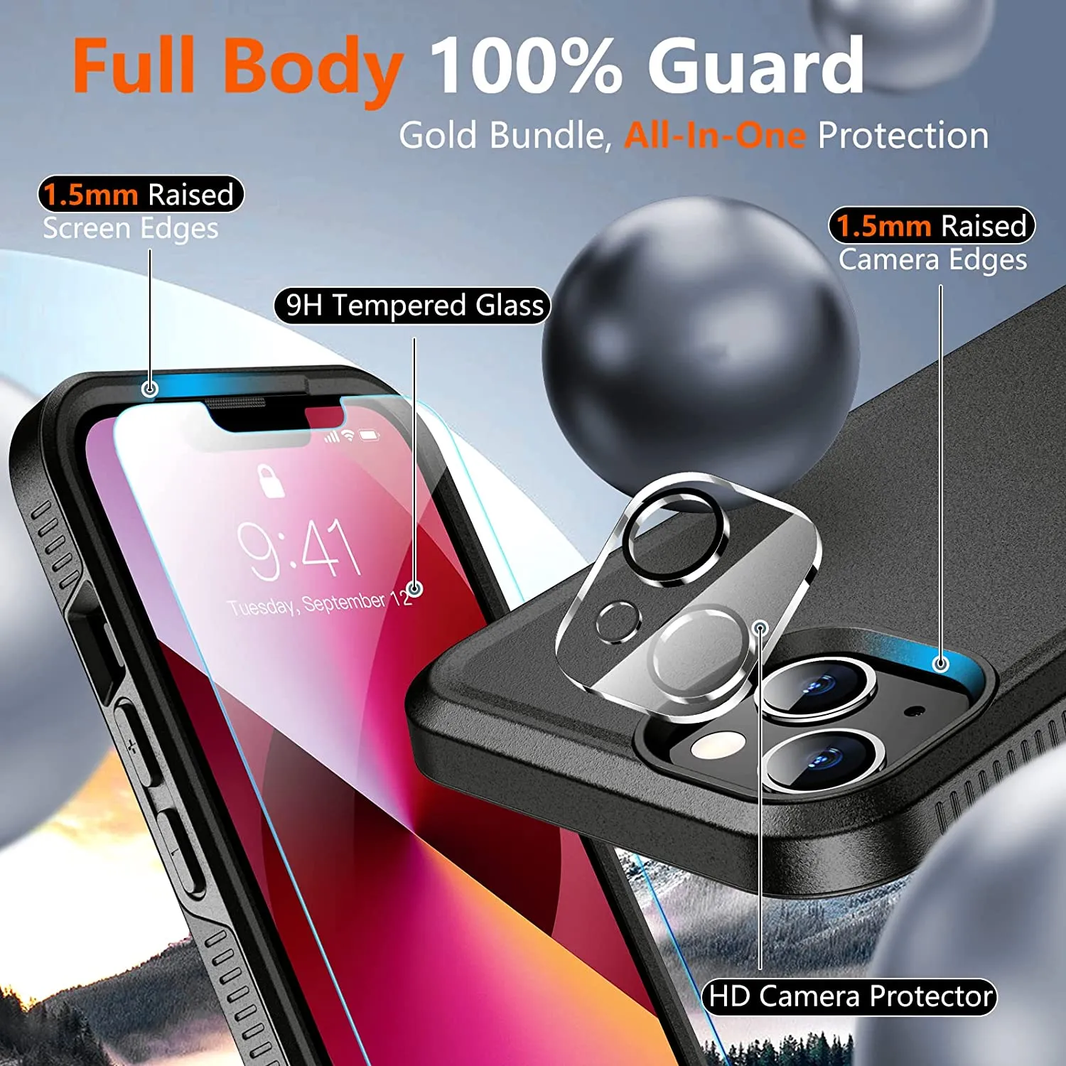 iPhone 14 Max Case Glass Screen Protector Full-Body Shockproof Case Black