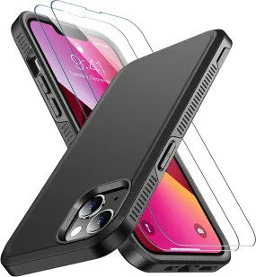 iPhone 14 Max Case Glass Screen Protector Full-Body Shockproof Case Black