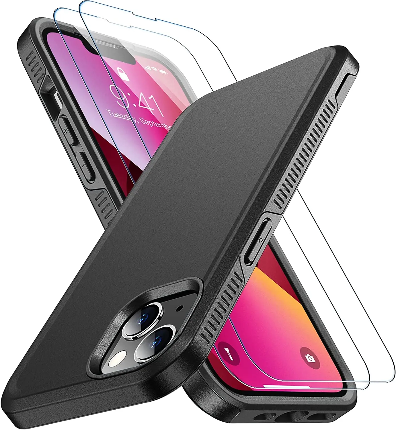 iPhone 14 Max Case Glass Screen Protector Full-Body Shockproof Case Black