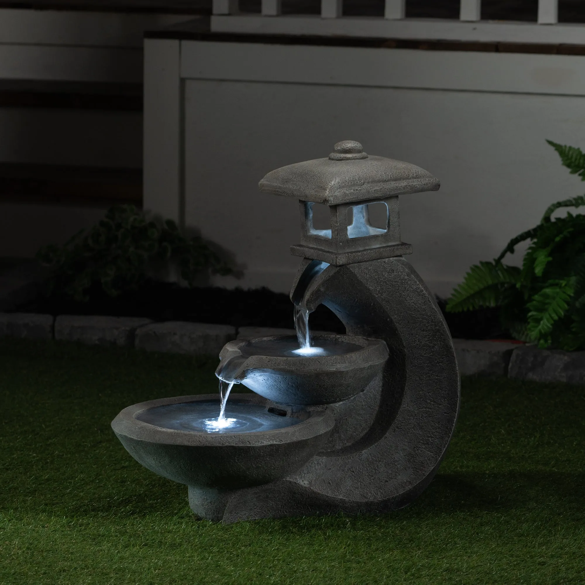 Pagoda Tiered Outdoor Fountain W/3 White Leds