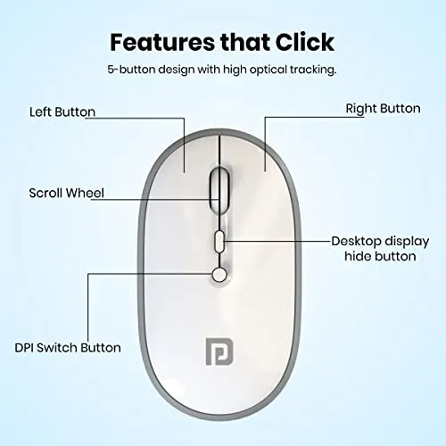 Portronics Toad II Bluetooth Mouse, with Bluetooth 5.0 & 2.4 Ghz Dual Wireless Connectivity, Rechargeable, Adjustable DPI up to 1600