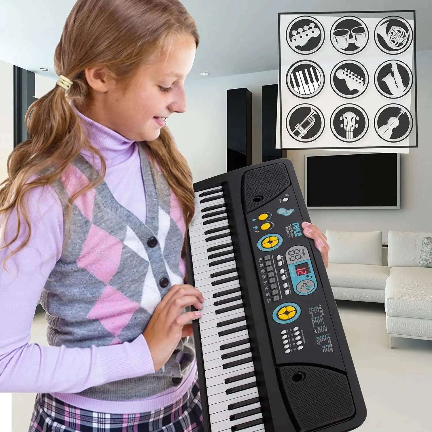 PYLE Digital Piano Kids Keyboard - Portable 61 Key Piano Keyboard, Learning Keyboard for Beginners w/ Drum Pad, Recording, Micro