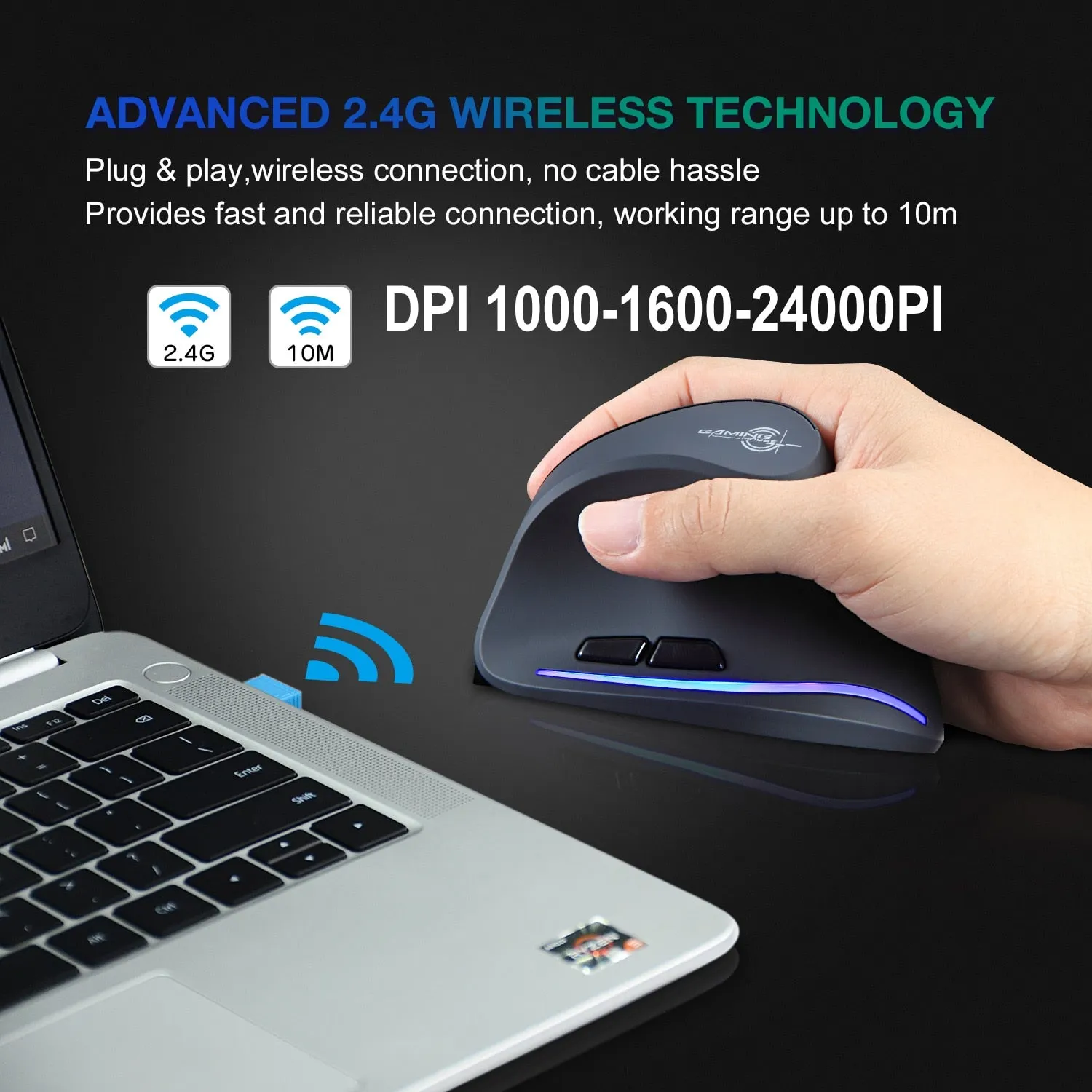Rechargeable Wireless Mouse Gamer Ergonomic Optical 2.4G 1000/1600/2400 DPI USB Vertical Mice For PC Gaming