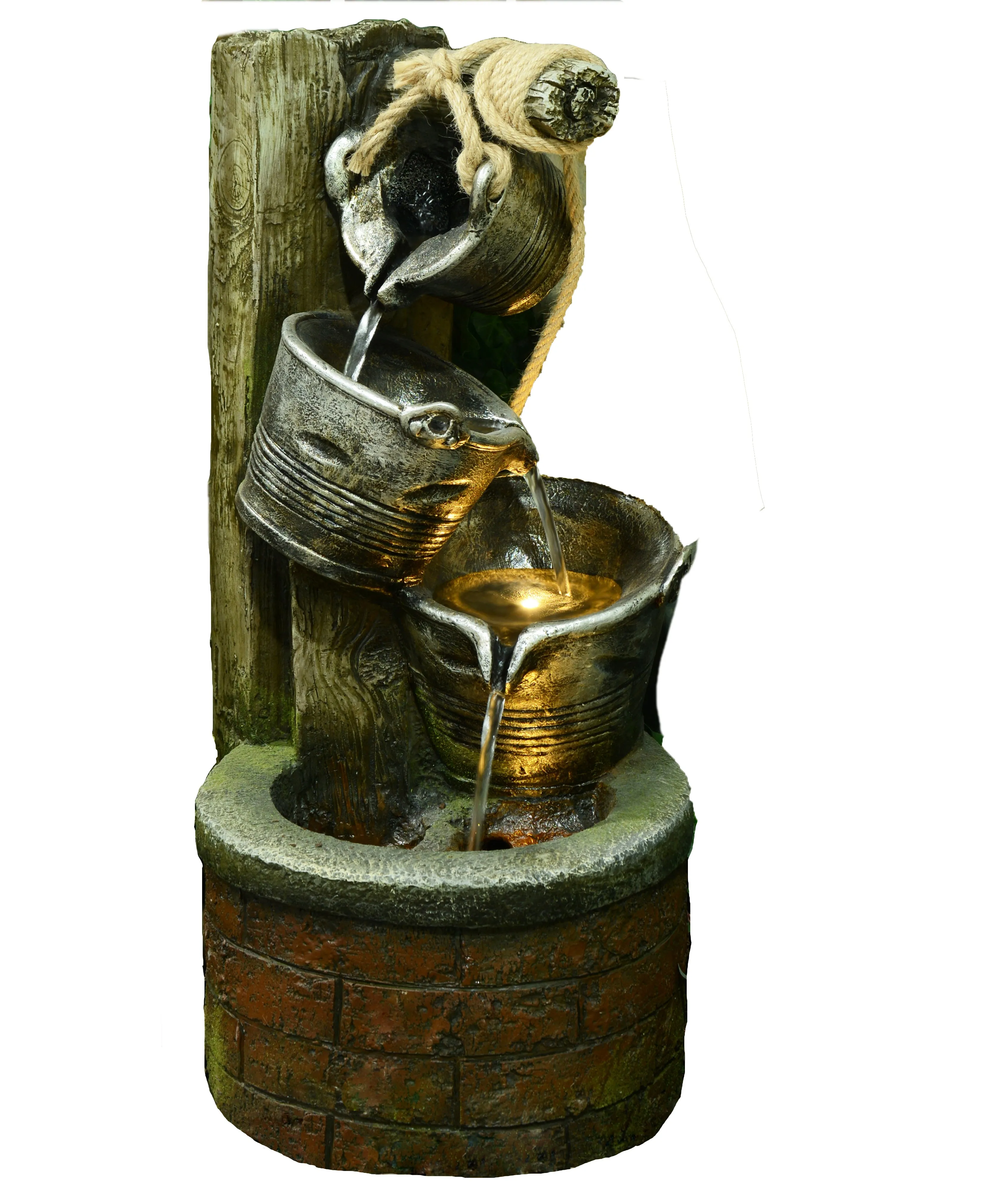 Three Pouring Buckets Fountain With Warm White LEDs