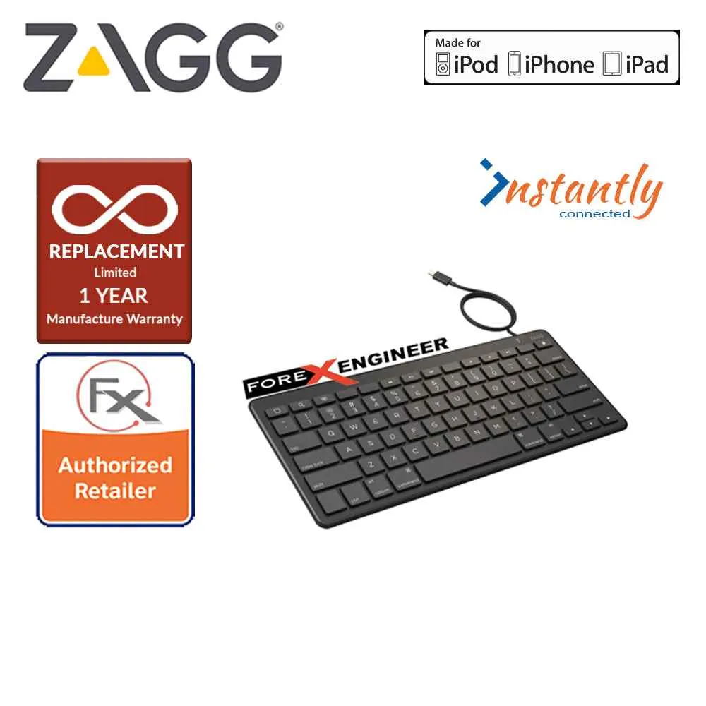Zagg Lightning Wired Keyboard - 18 inch cable connects to any Apple device with Lightning port